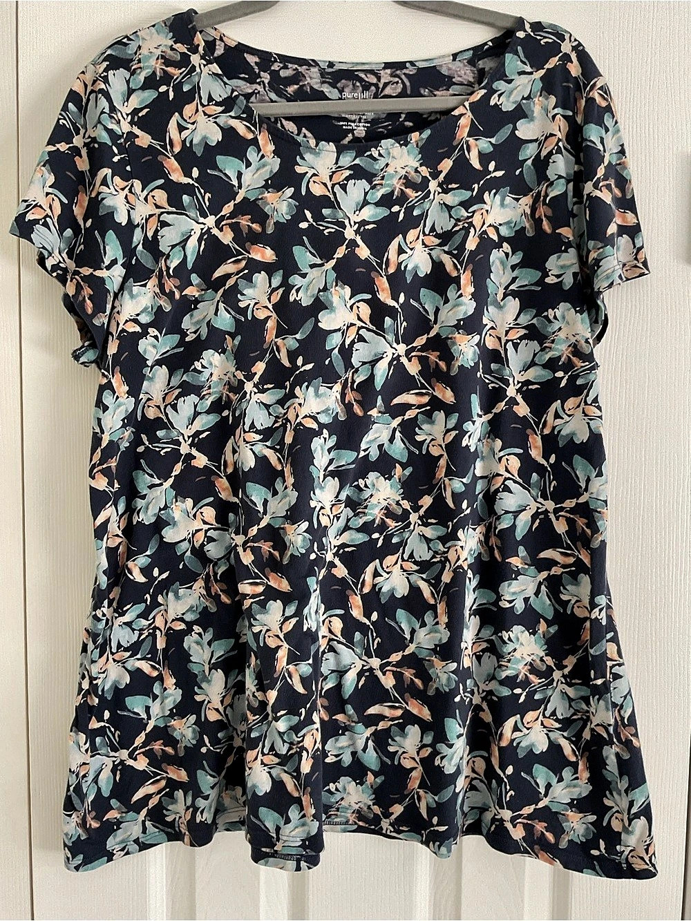 Pure Jill Scoop-Neck Elliptical Tee Floral Pima Cotton Tee in Blue & Green size